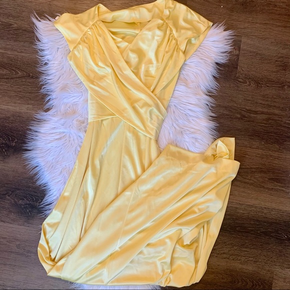 VTG 70’s Handmade Yellow Satin Full Length Dress - Picture 6 of 12